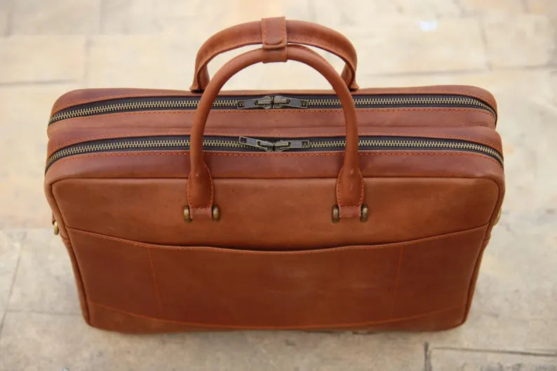 Leather laptop bag, Double compartment leather office bag, Leather Briefcase, Leather Messenger Bag Men, Leather Shoulder Bag, Work Bag,