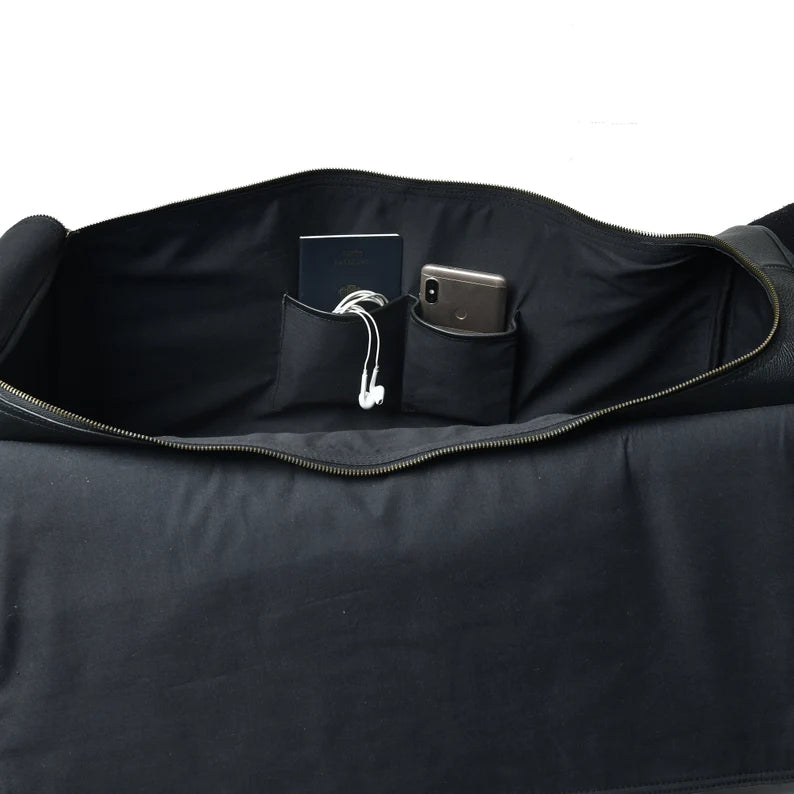 Personalized Black Leather Duffle Bag Men|Full Grain Large Leather Weekender Bag|Carry-on Overnight Travel Bag|Handmade Gift Ideas For Him