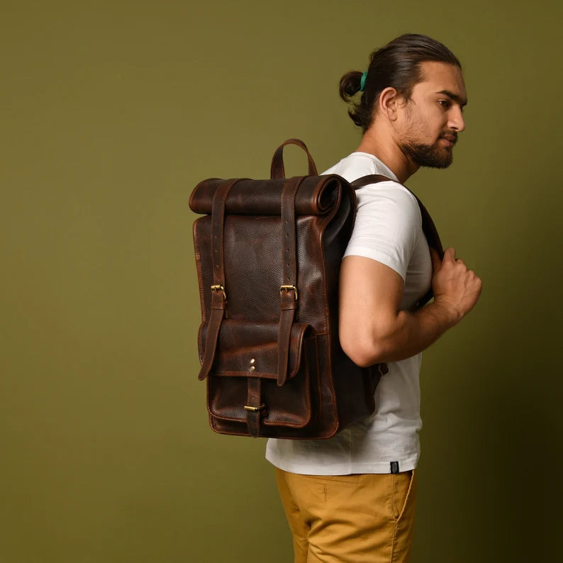 Personalized Leather Rolltop Backpack|Full Grain Leather Rolltop Rucksack Men|15" Laptop Backpack Her|Leather Travel Bag|Unique Gift For Him