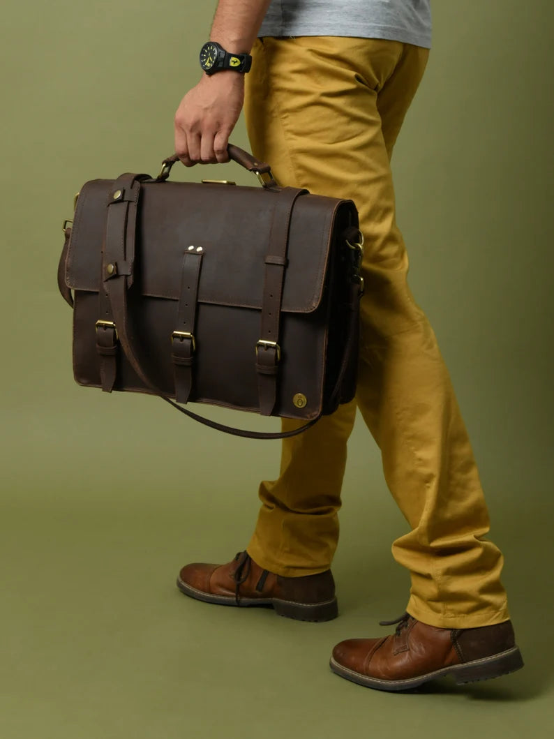 Leather Messenger Bag Briefcase for Men, Full Grain Leather Briefcase Laptop Computer Bag for Men, Genuine Leather Satchel Bag For Men, Gift