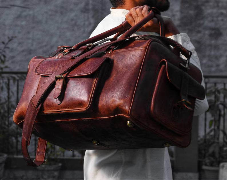 Vintage Leather Duffel Bag Brown|Leather Bag For Travelling|Handmade Leather Weekender Flight Bag|Personalized Valentine's Day Gifts For Him