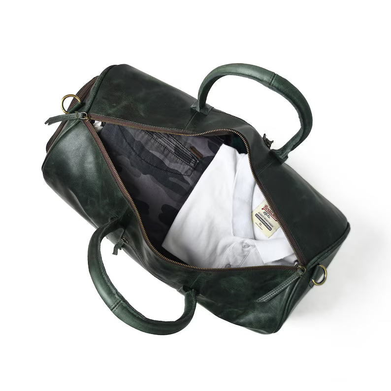 Leather Duffle Bag With Shoe Compartment|Green Leather Weekend Travel Bag Men|Overnight Carryon Bag|Personalised Christmas Gifts For Him