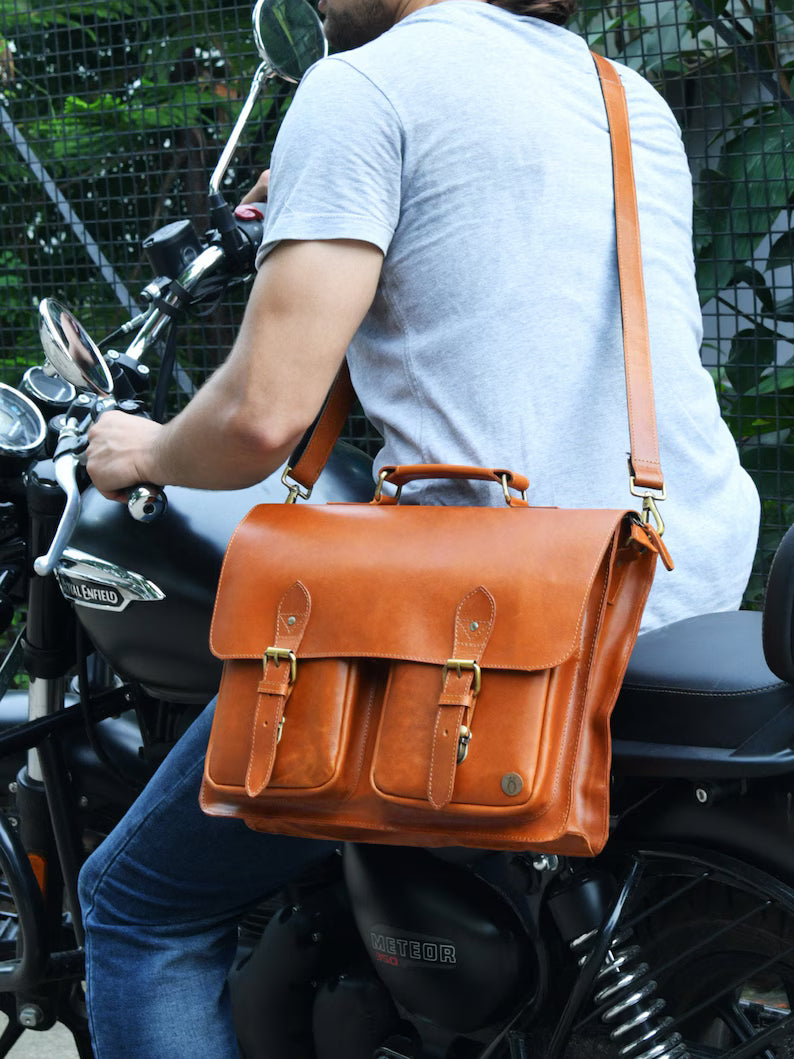 Personalized Leather Messenger Bag|Handmade Leather Satchel with Shoulder Straps|Mens Work Briefcase 15" Laptop Portfolio Bag|Gifts For Him