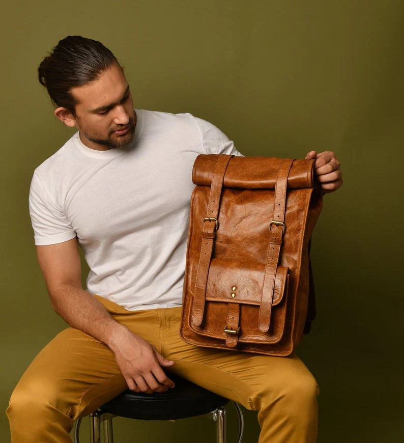 Leather Rolltop Backpack Men Laptop Everyday Rucksack|Leather Travel Bag Backpack For Her|Personalized Christmas Gifts For Him and Her