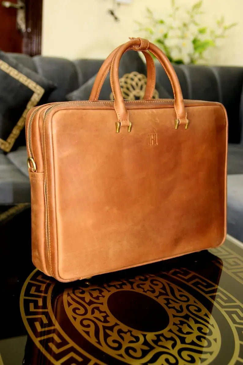 Double compartment leather laptop bag, office bag for men's, Leather Laptop Organizer with document pocket, Messenger Bag for Men & Women