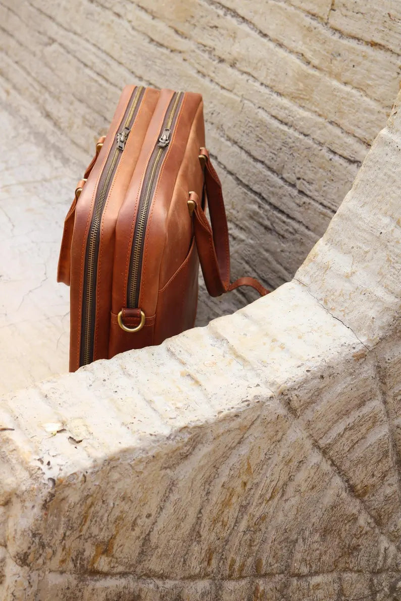 Double compartment leather laptop bag, office bag for men's, Leather Laptop Organizer with document pocket, Messenger Bag for Men & Women