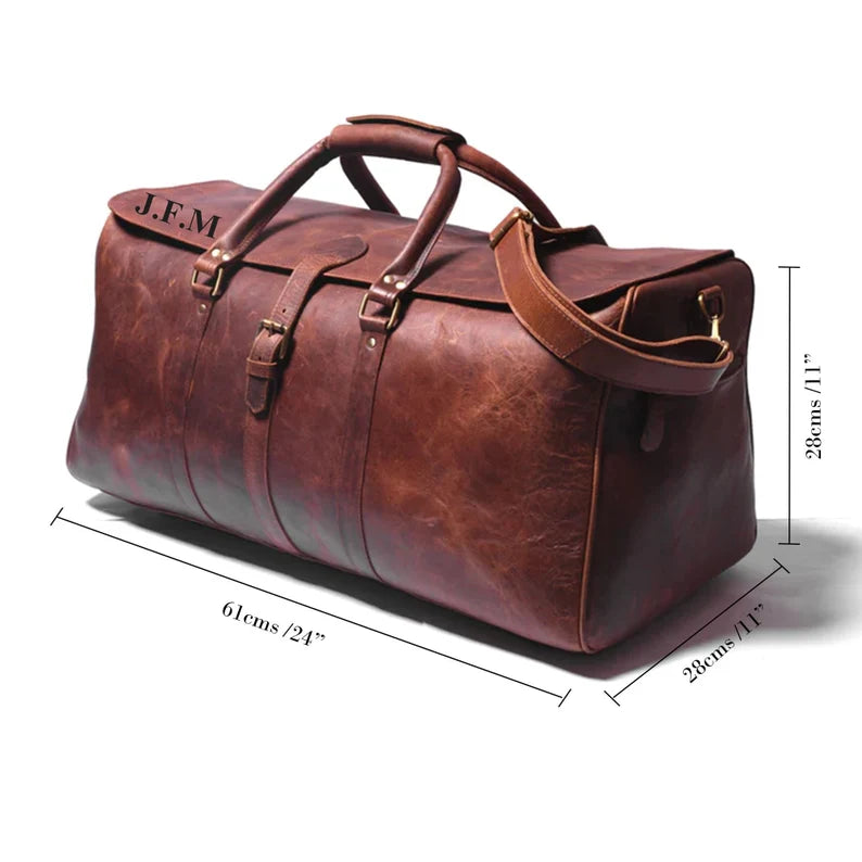 Personalized leather duffle bag men | Brown leather weekender travel holiday bag | Carry-on overnight leather bag | Custom gift for husband