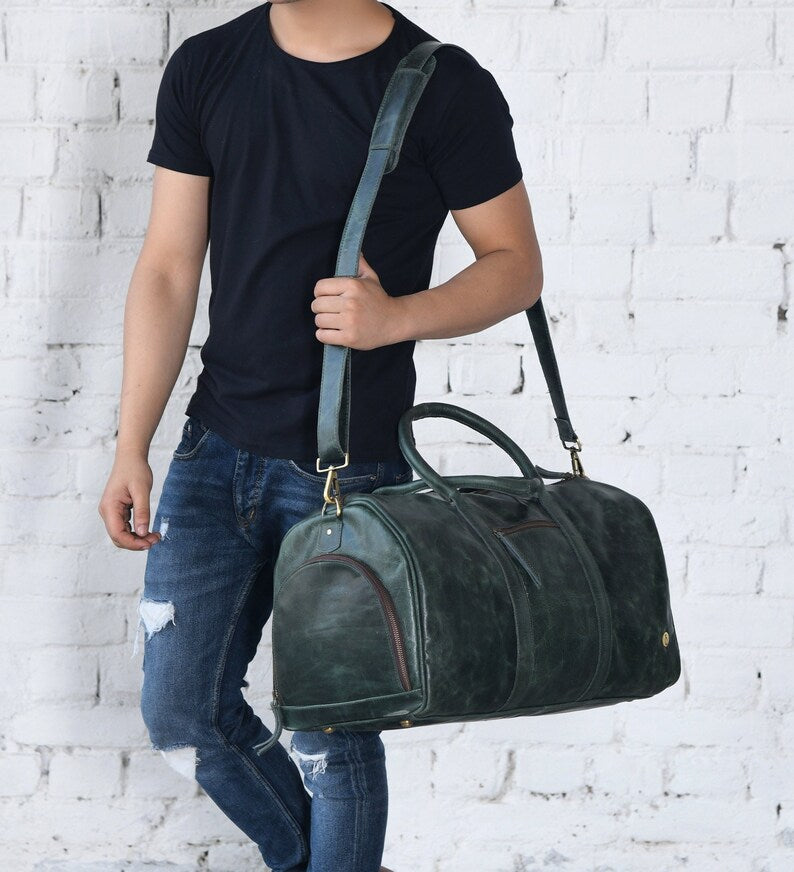 Leather Duffle Bag With Shoe Compartment|Green Leather Weekend Travel Bag Men|Overnight Carryon Bag|Personalised Christmas Gifts For Him